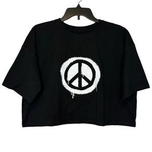 NIKKIB woman's size medium M peace sign graphic crop stretch black top shirt